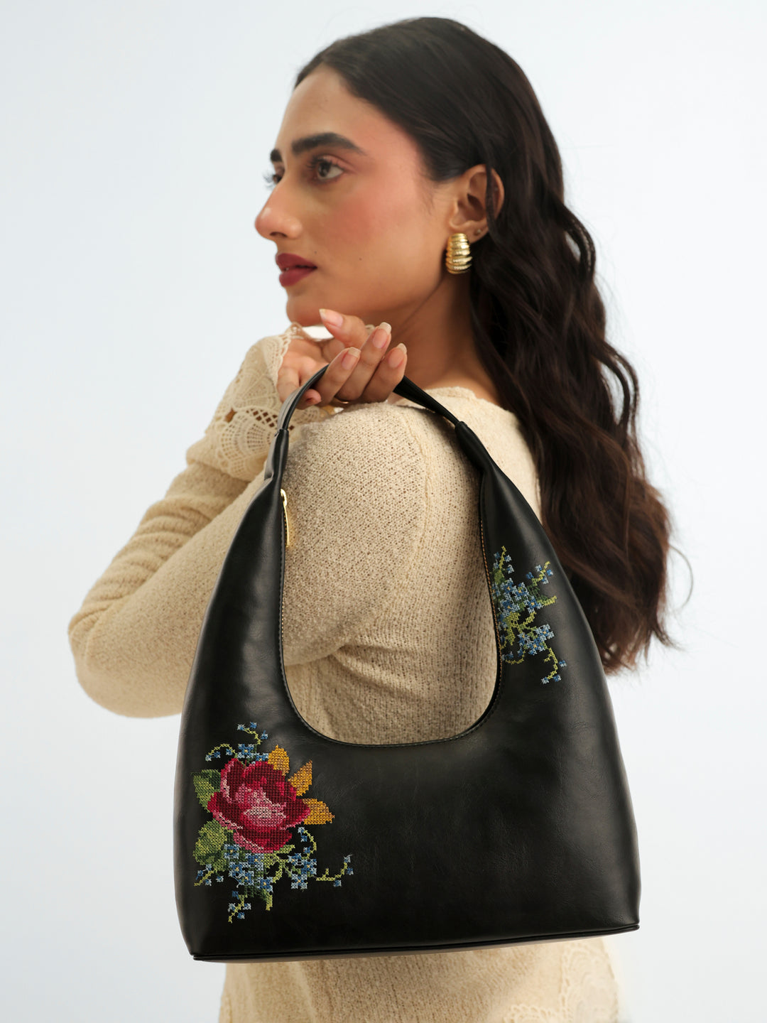 Nilgiri Dawn Cross Stitched Shoulder Bag - Black