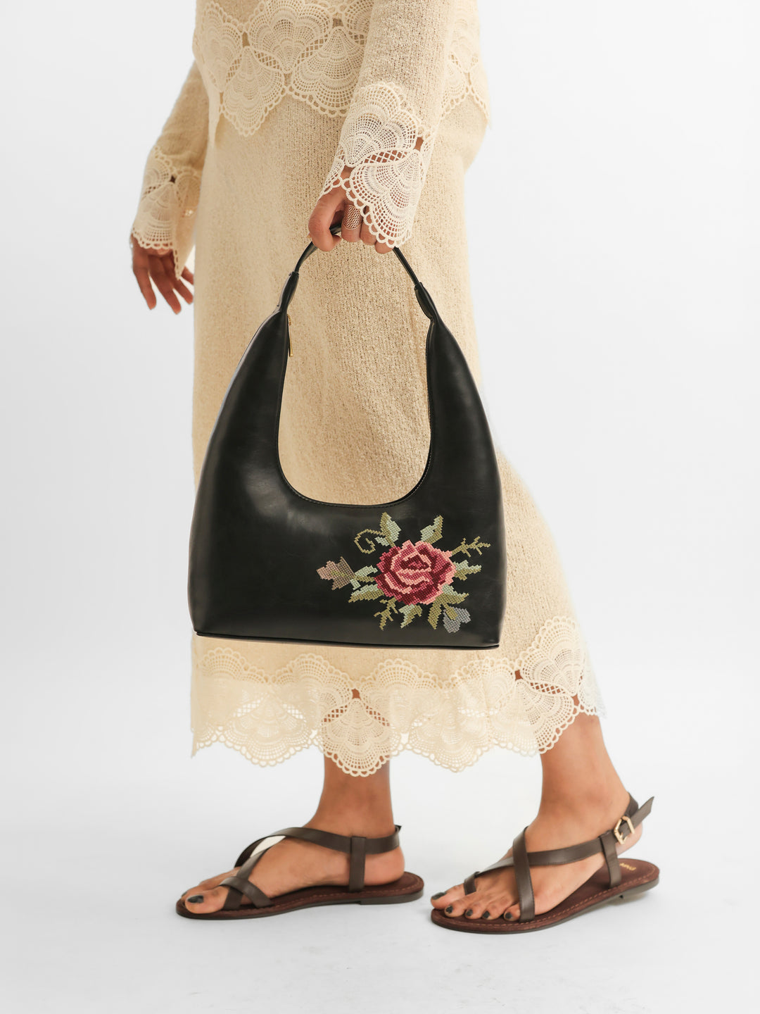 Mountain Bride Cross Stitched Shoulder Bag - Black