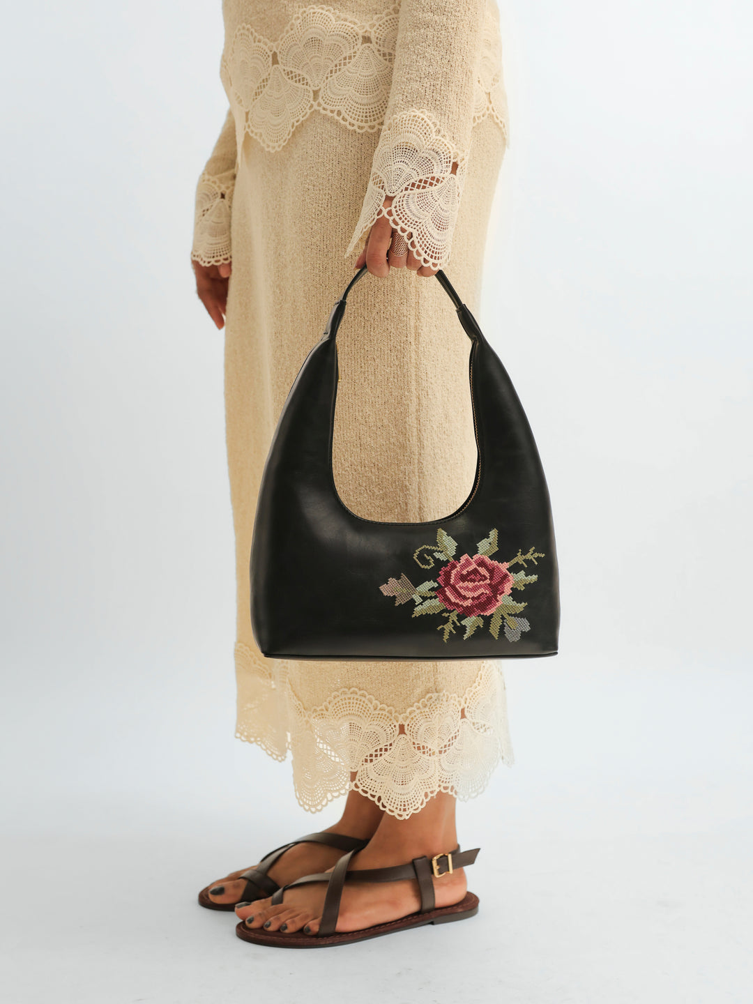 Mountain Bride Cross Stitched Shoulder Bag - Black