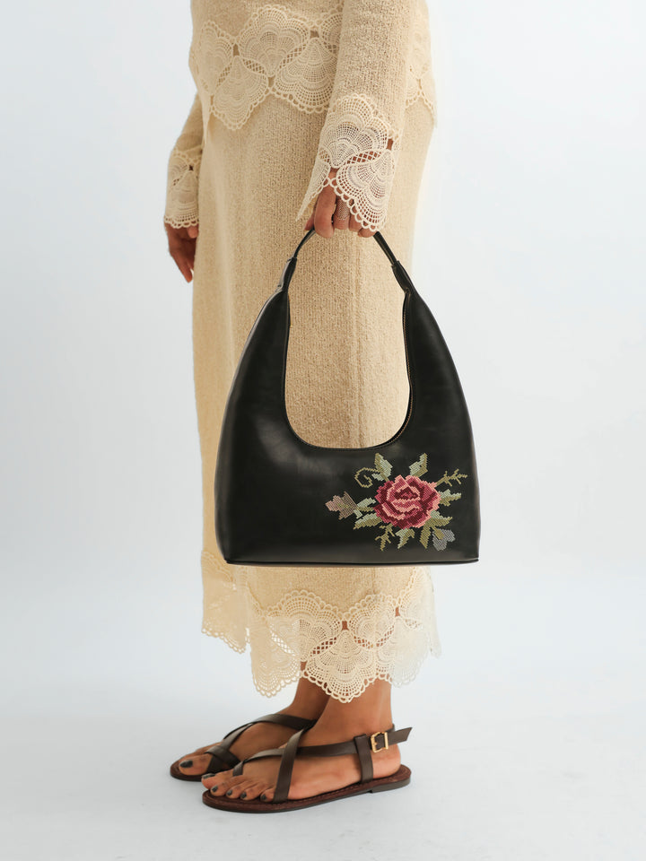 Mountain Bride Cross Stitched Shoulder Bag - Black