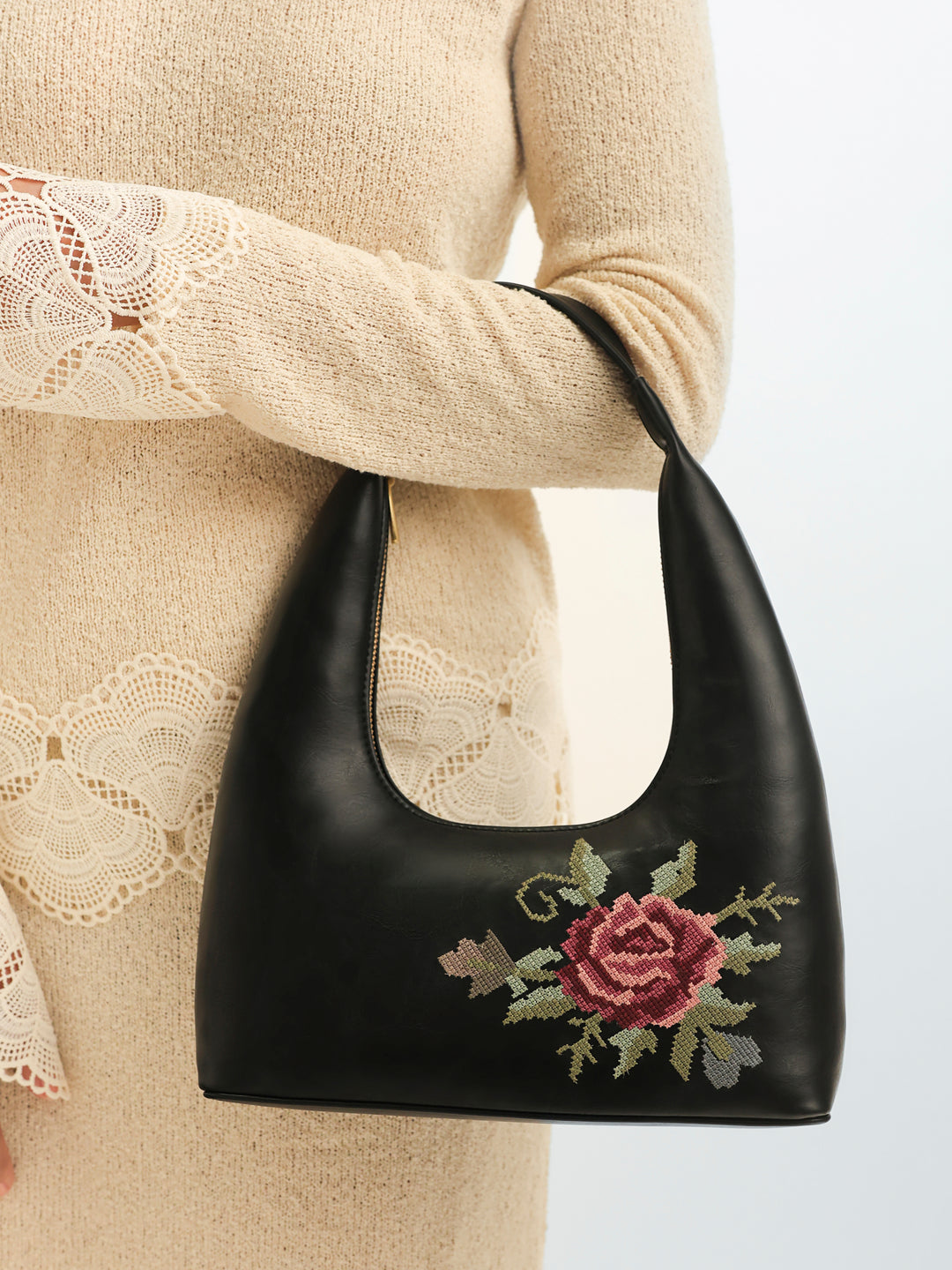 Mountain Bride Cross Stitched Shoulder Bag - Black
