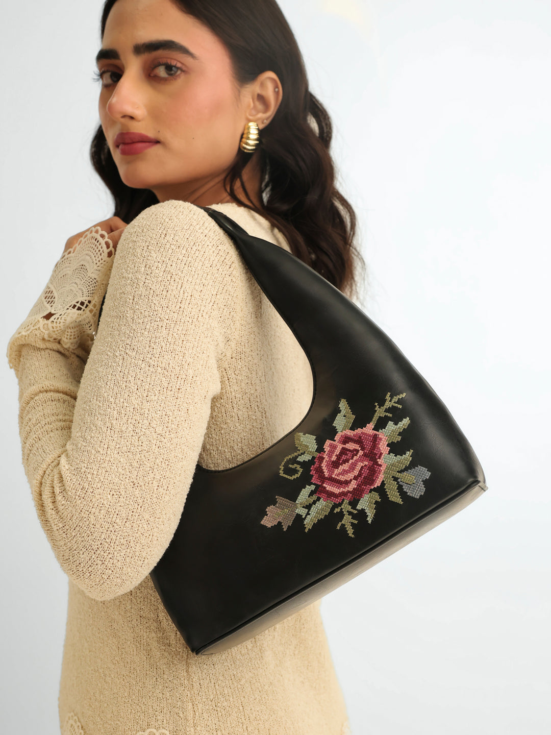 Mountain Bride Cross Stitched Shoulder Bag - Black