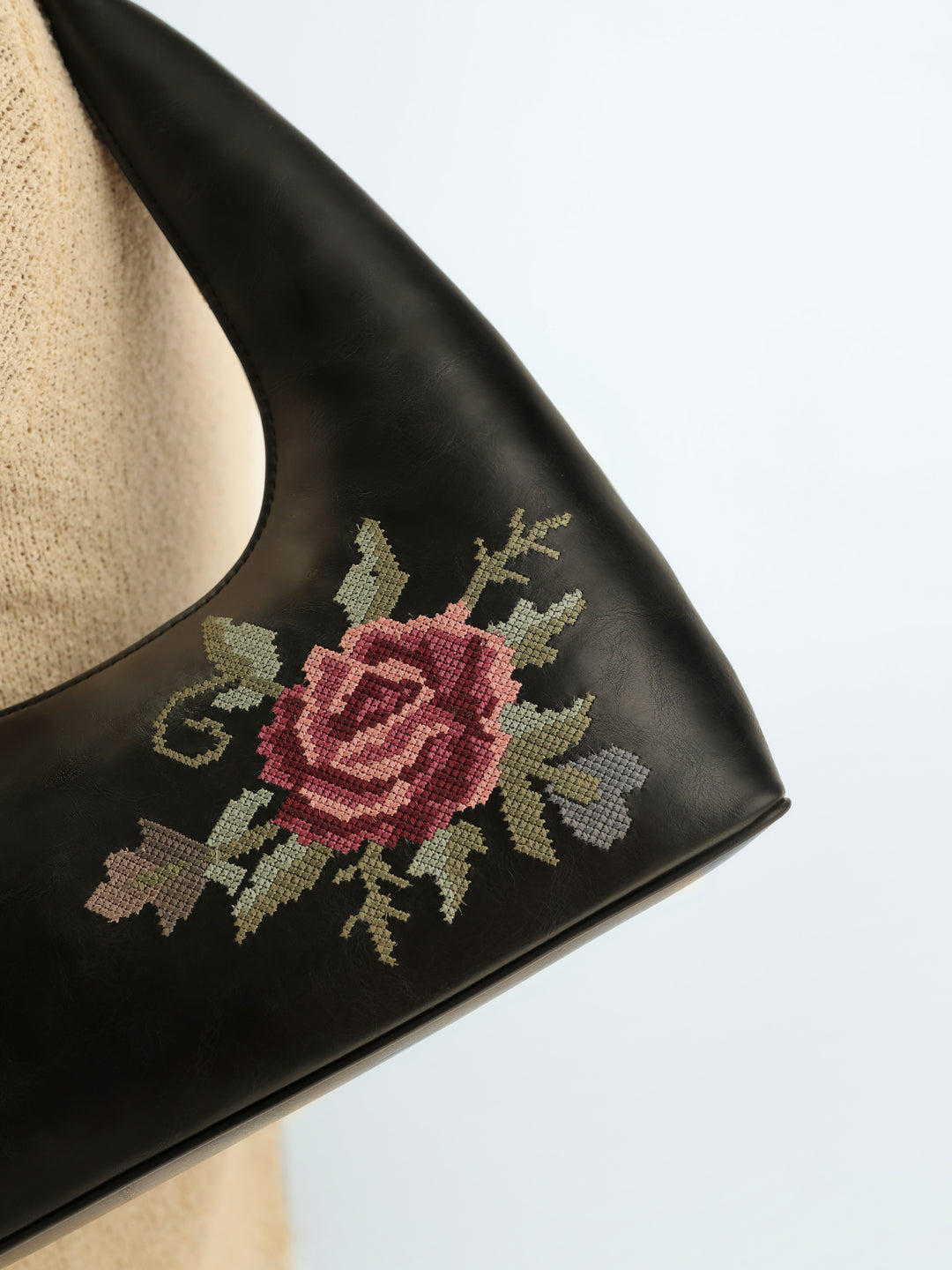 Mountain Bride Cross Stitched Shoulder Bag - Black