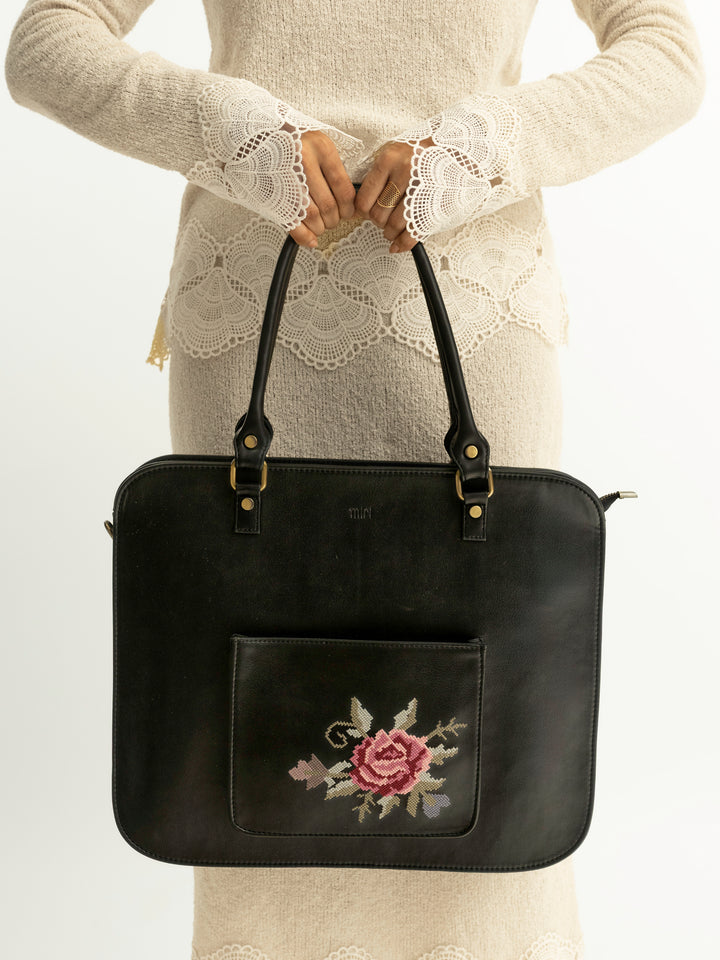 Mountain Bride Cross Stitched Laptop Bag - Black