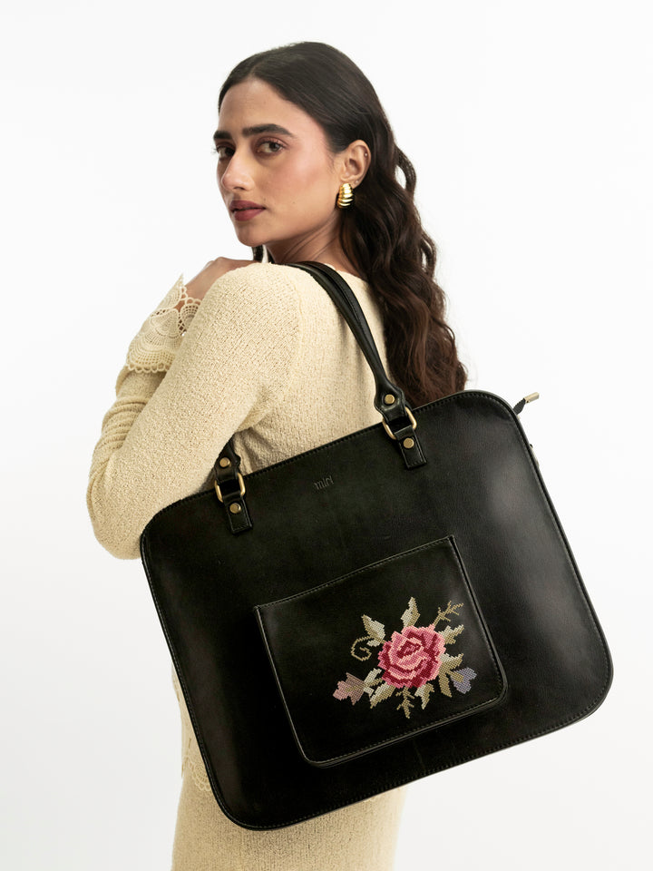Mountain Bride Cross Stitched Laptop Bag - Black