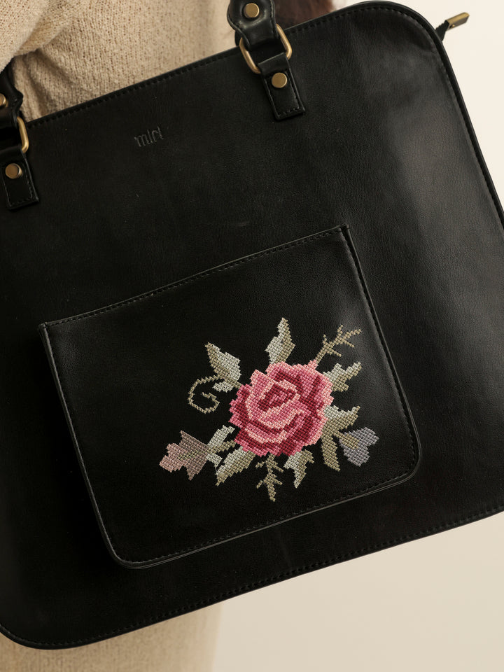 Mountain Bride Cross Stitched Laptop Bag - Black