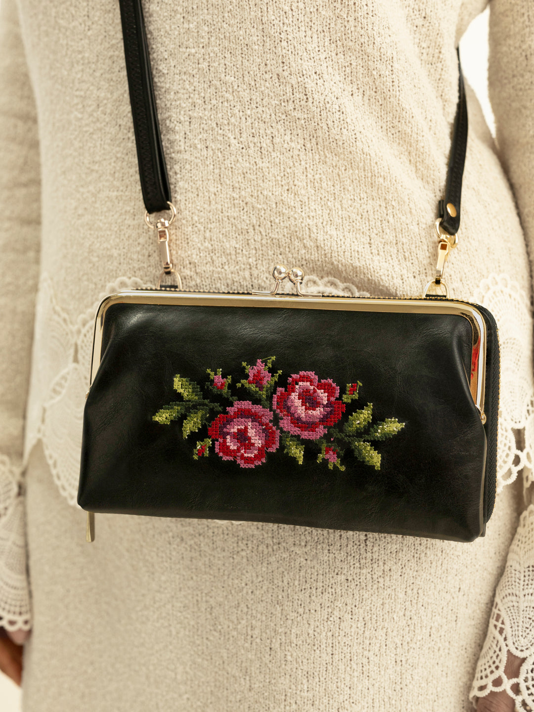 Coonoor Dream Cross Stitched Mobile Wallet Sling - Black