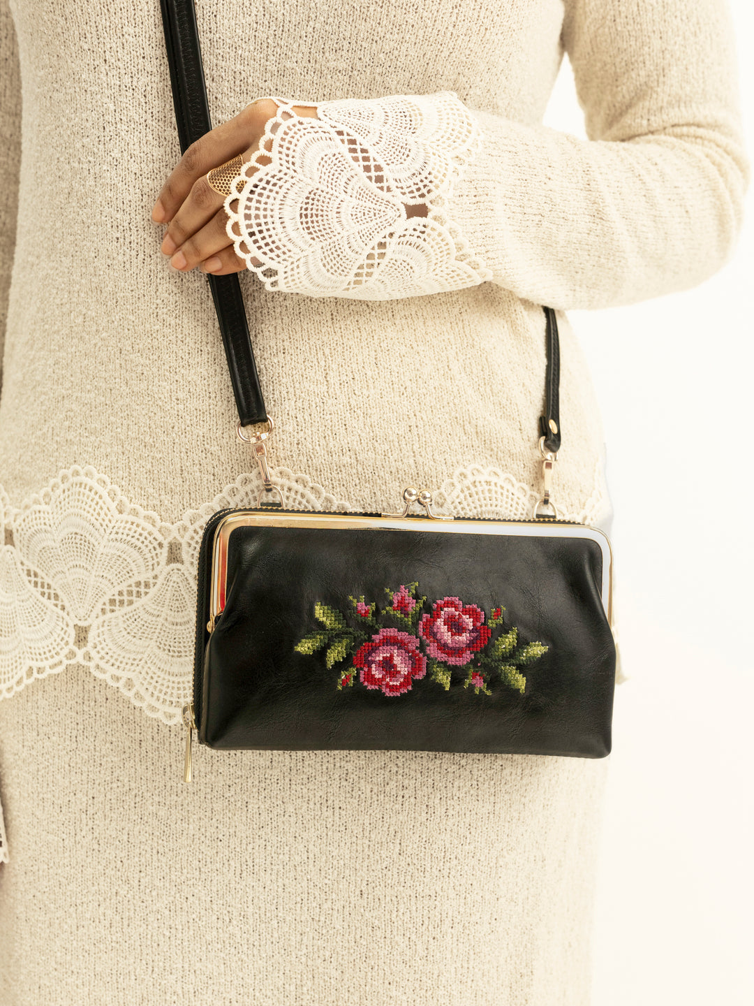 Coonoor Dream Cross Stitched Mobile Wallet Sling - Black