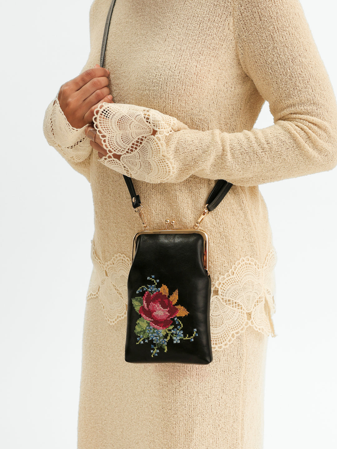 Nilgiri Dawn Cross Stitched Mobile Sling - Black