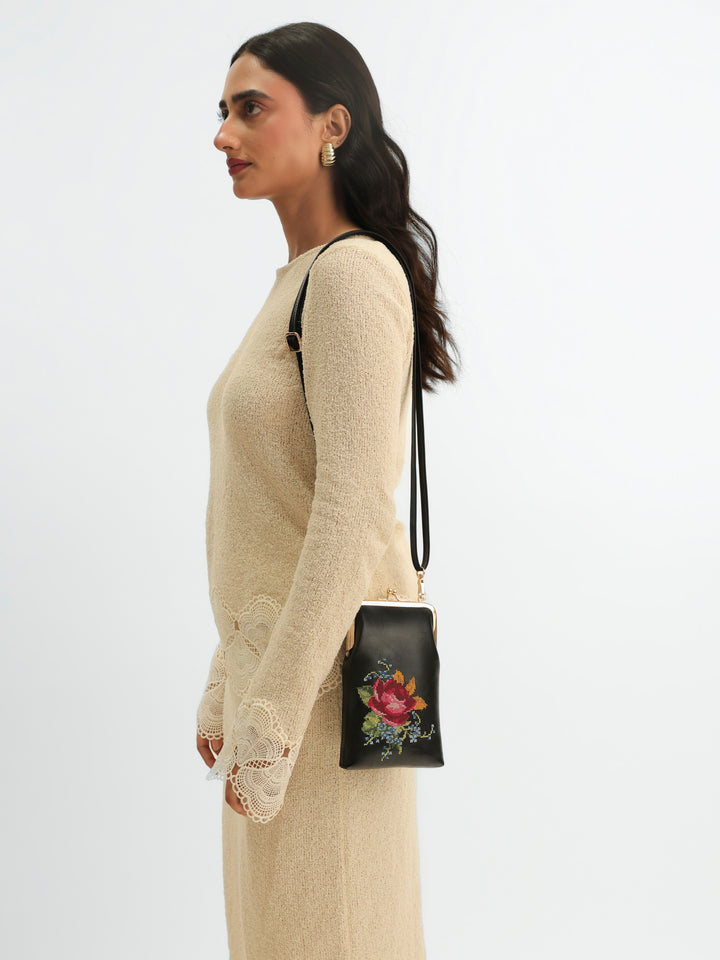 Nilgiri Dawn Cross Stitched Mobile Sling - Black