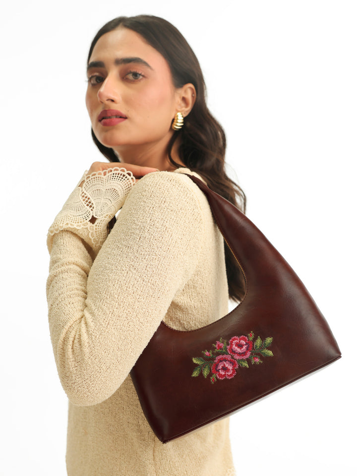 Coonoor Dream Cross Stitched Shoulder Bag  - Brown