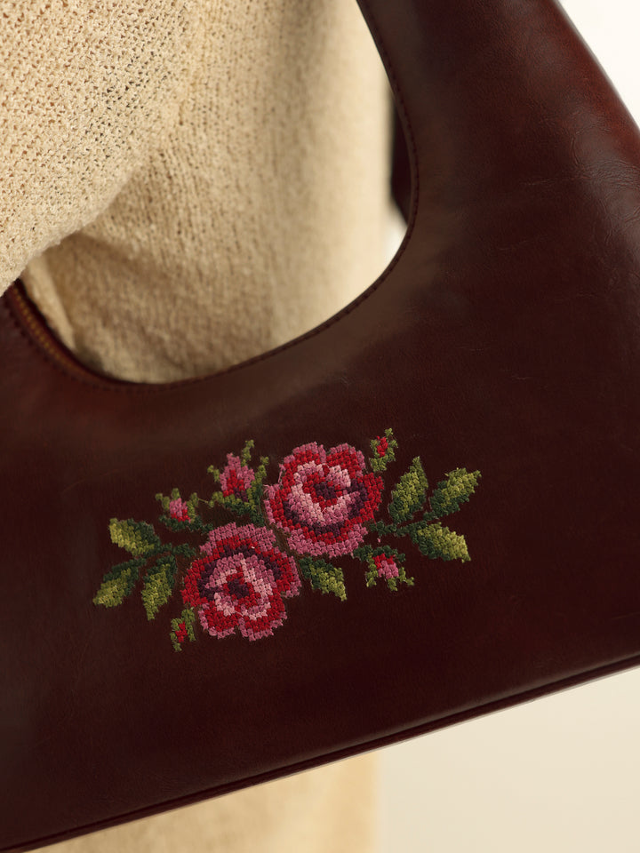 Coonoor Dream Cross Stitched Shoulder Bag  - Brown
