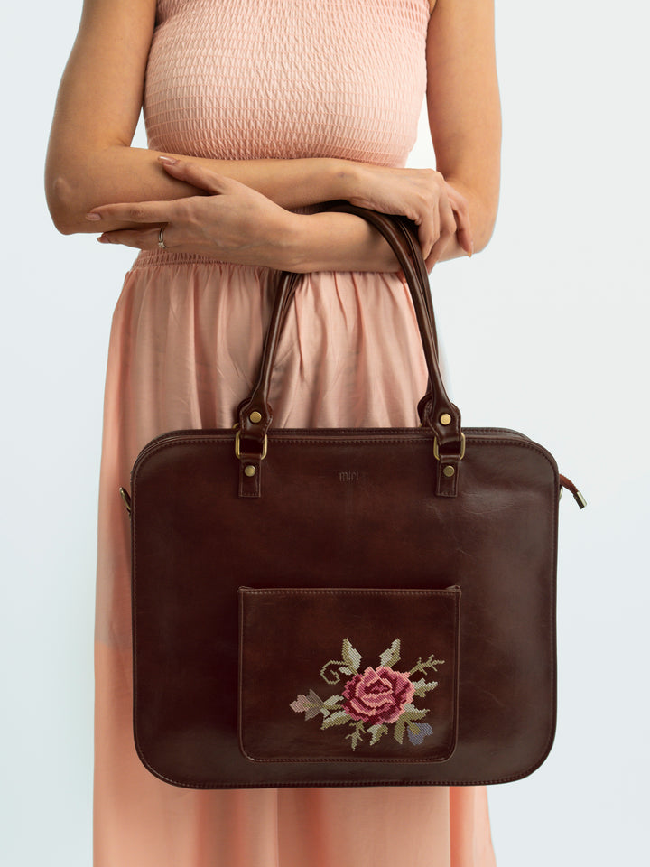 Mountain Bride Cross Stitched Laptop Bag - Brown