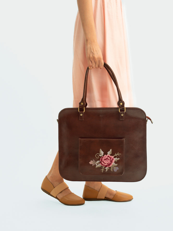 Mountain Bride Cross Stitched Laptop Bag - Brown
