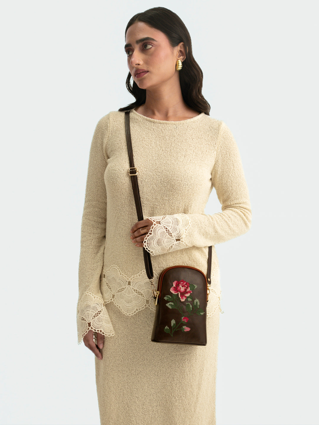Udhagai Queen Cross Stitched Jodi Pouch Sling - Brown