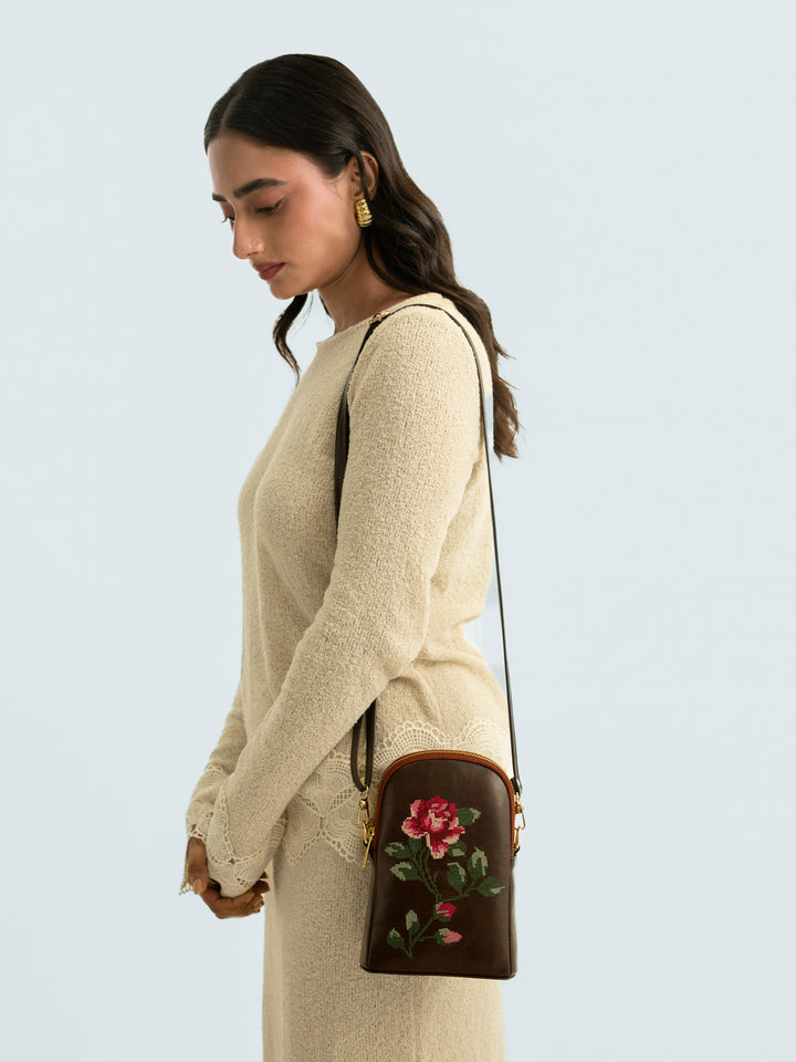 Udhagai Queen Cross Stitched Jodi Pouch Sling - Brown