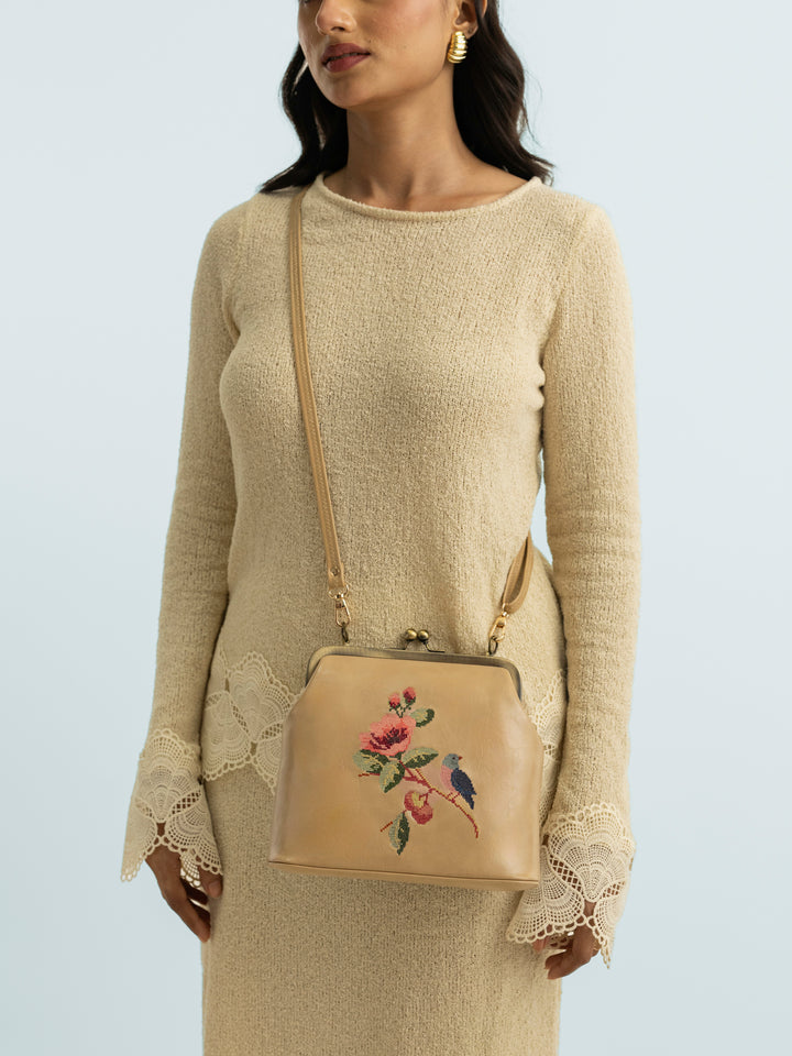 Morning Melody Cross Stitched Kisslock Clutch - Beige