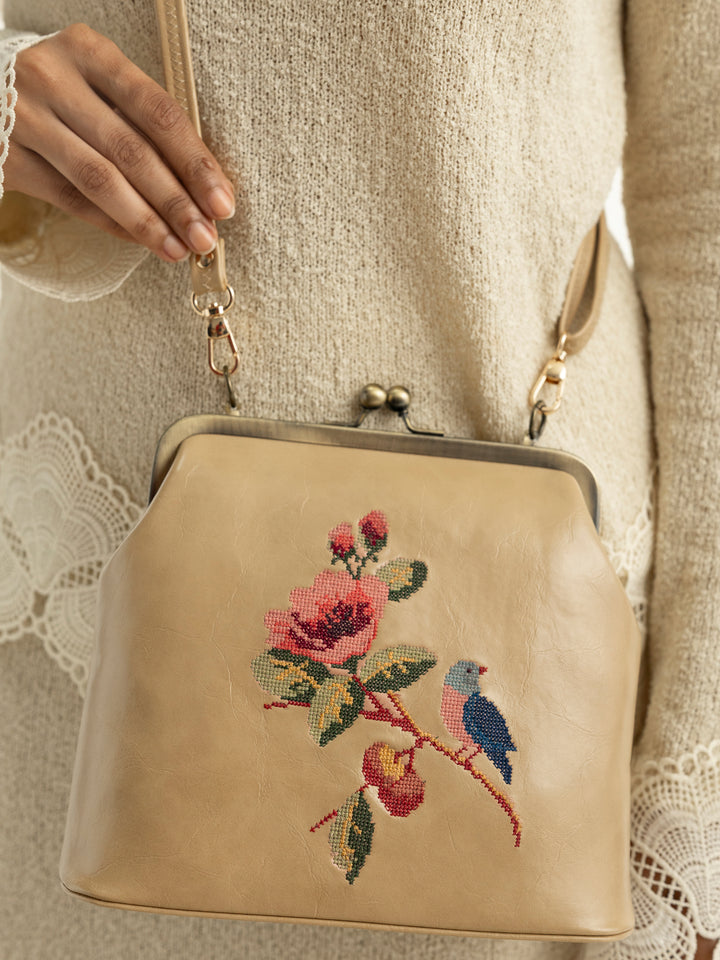 Morning Melody Cross Stitched Kisslock Clutch - Beige