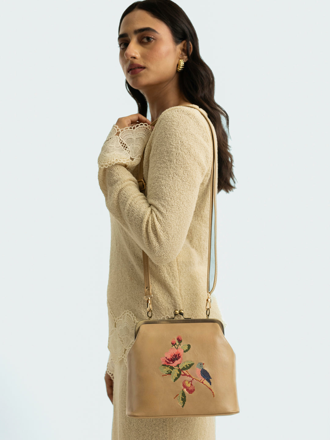 Morning Melody Cross Stitched Kisslock Clutch - Beige