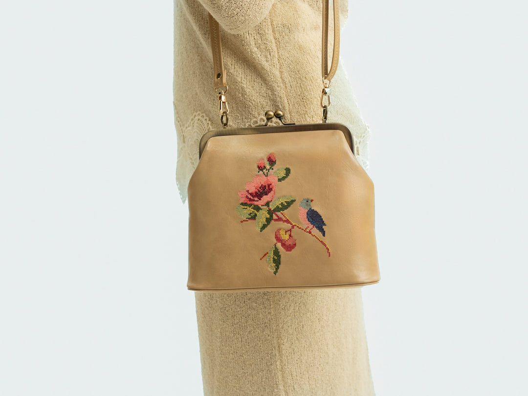 Morning Melody Cross Stitched Kisslock Clutch - Beige