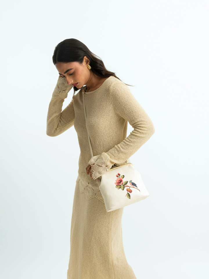 Morning Melody Cross Stitched Kisslock Clutch - White