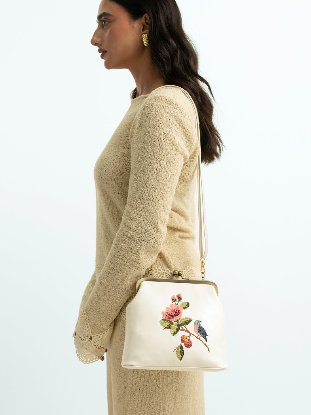 Morning Melody Cross Stitched Kisslock Clutch - White