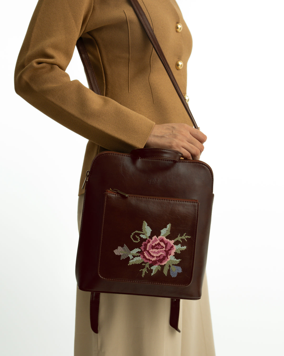Mountain Bride Cross Stitched Backpack - Brown