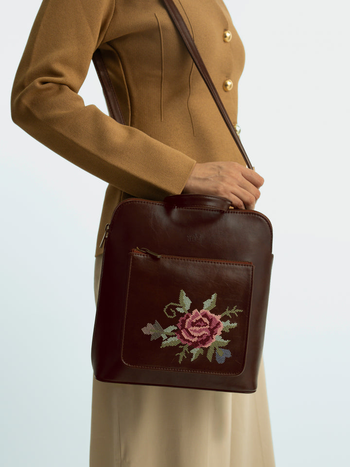 Mountain Bride Cross Stitched Backpack - Brown