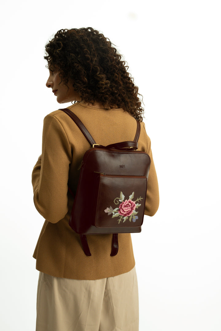 Mountain Bride Cross Stitched Backpack - Brown
