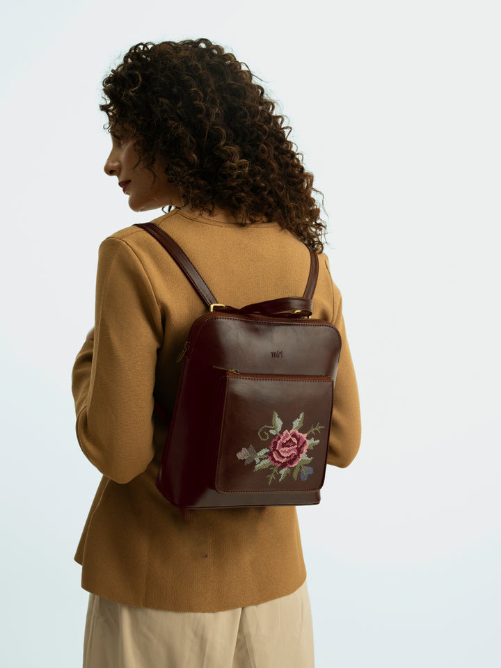 Mountain Bride Cross Stitched Backpack - Brown
