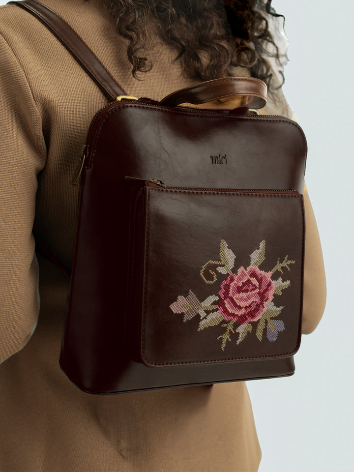 Mountain Bride Cross Stitched Backpack - Brown