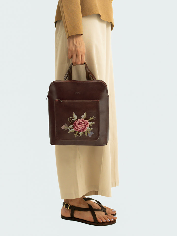 Mountain Bride Cross Stitched Backpack - Brown
