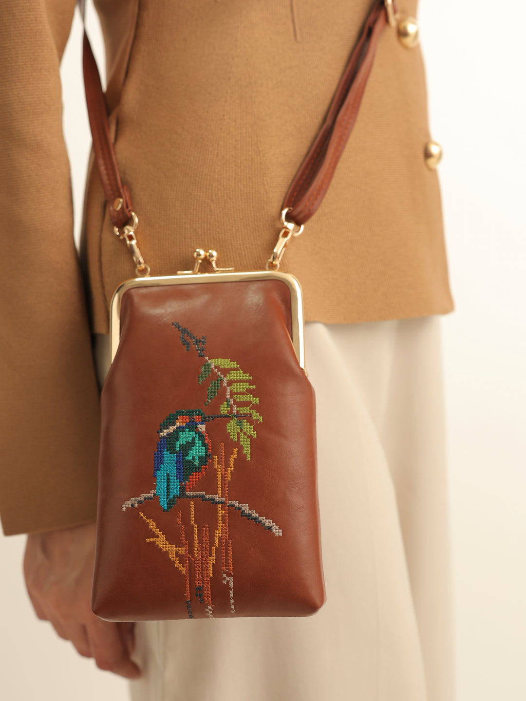 Emerald Perch Cross Stitched Mobile Sling - Tan