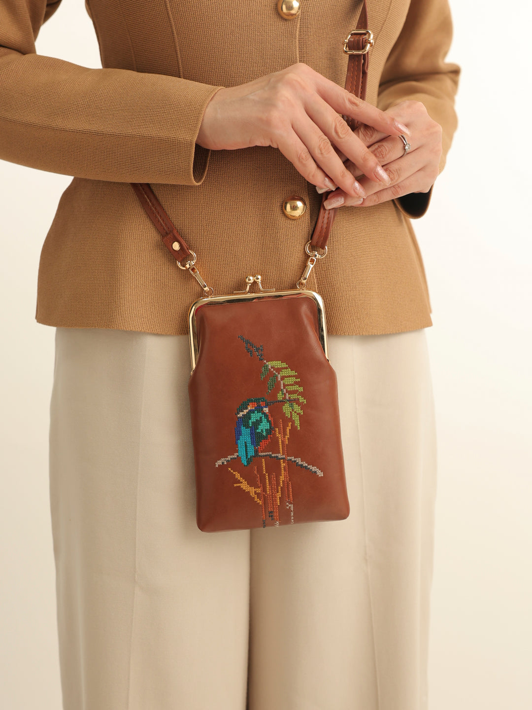 Emerald Perch Cross Stitched Mobile Sling - Tan