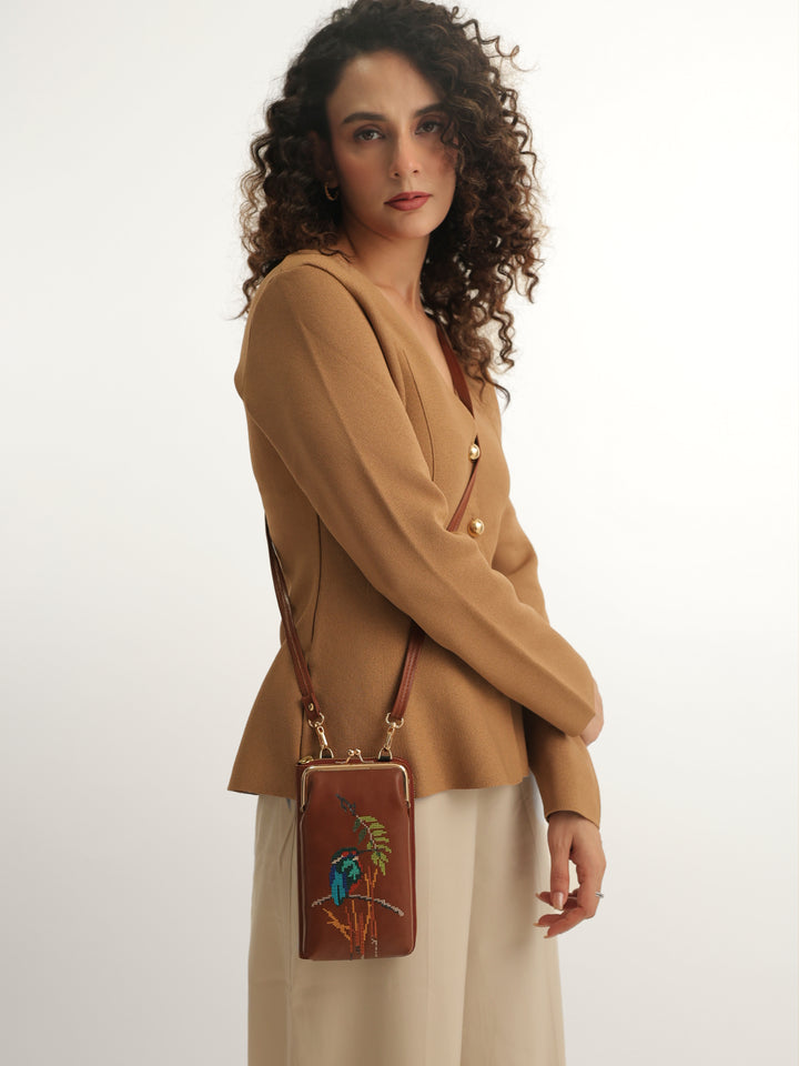 Emerald Perch Cross Stitched Mobile Wallet Sling - Tan