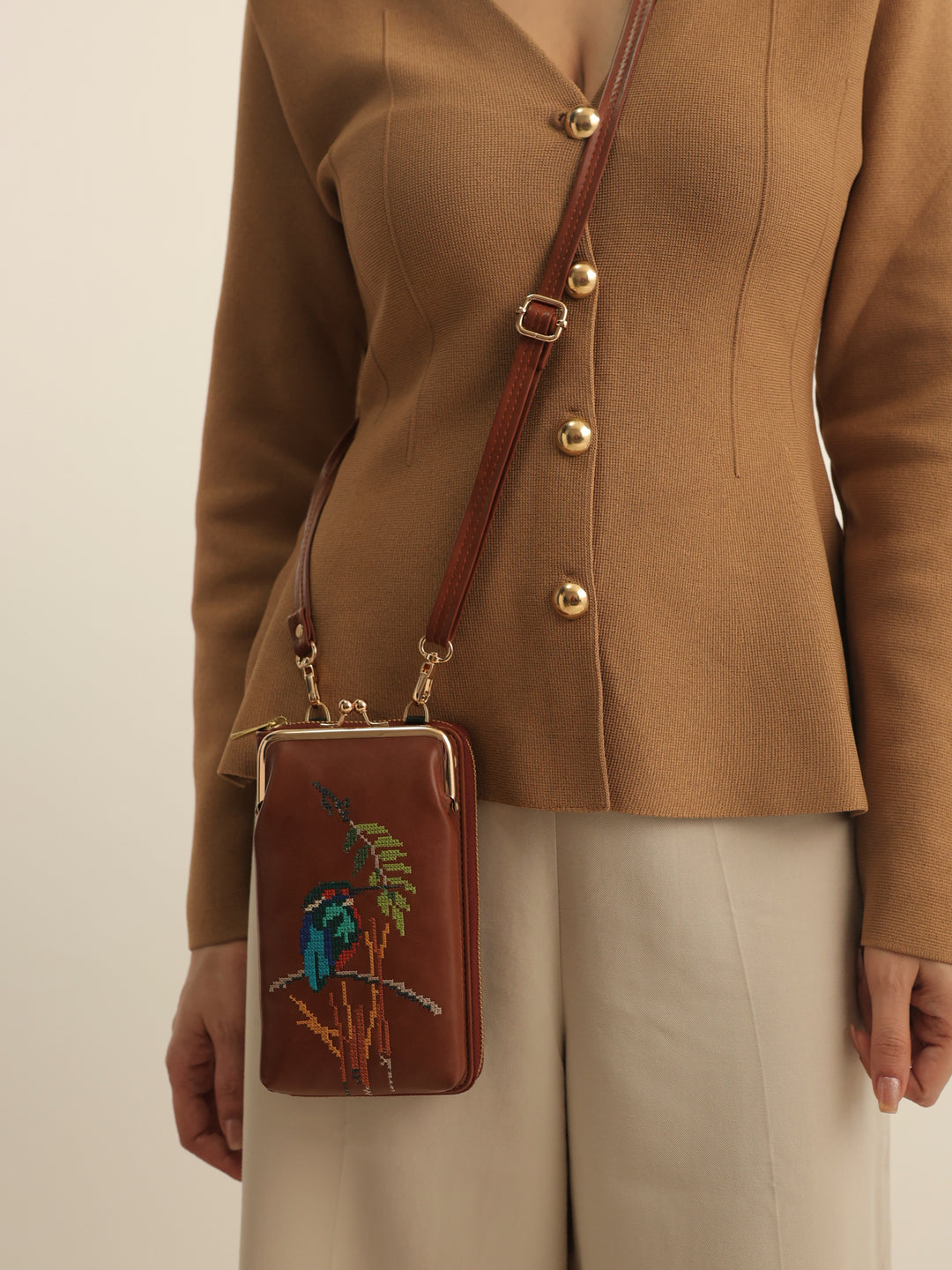 Emerald Perch Cross Stitched Mobile Wallet Sling - Tan