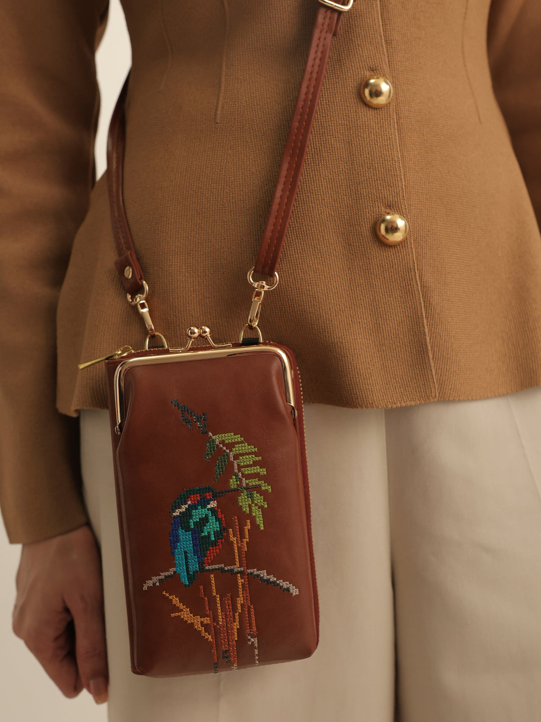 Emerald Perch Cross Stitched Mobile Wallet Sling - Tan