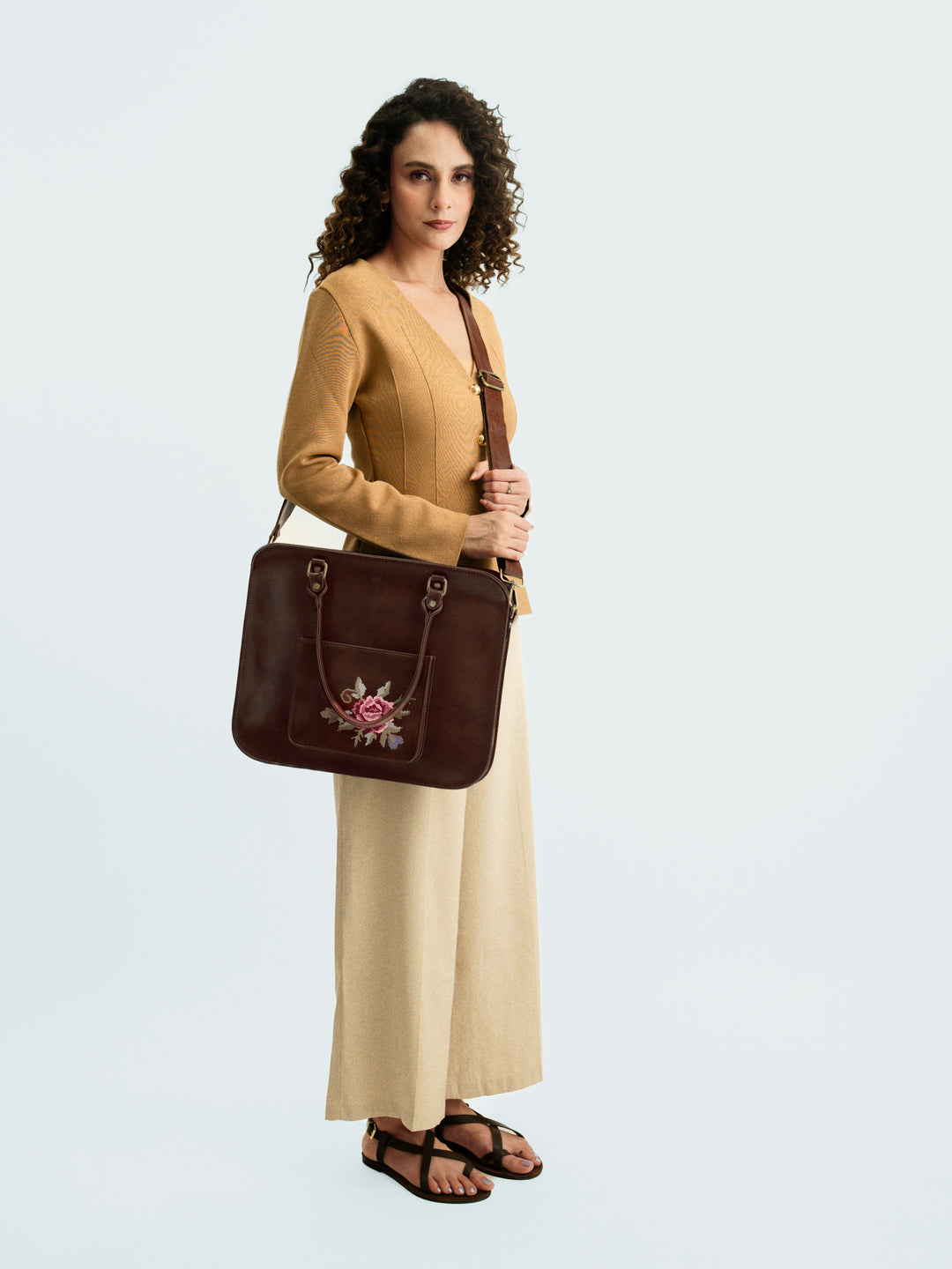 Mountain Bride Cross Stitched Laptop Bag - Brown