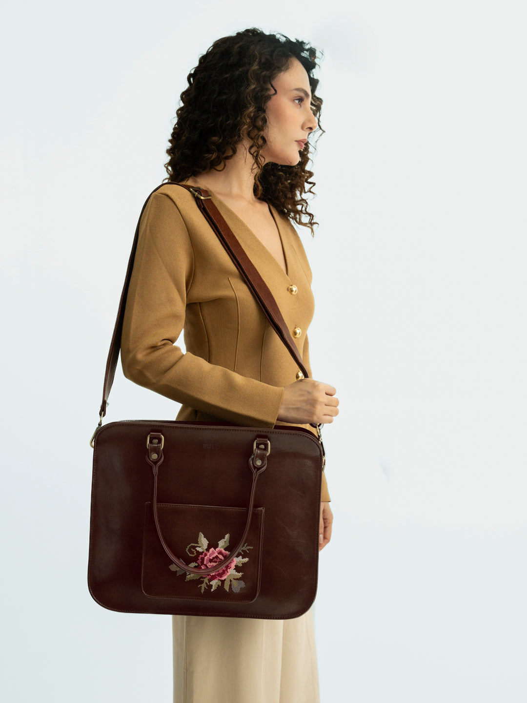 Mountain Bride Cross Stitched Laptop Bag - Brown
