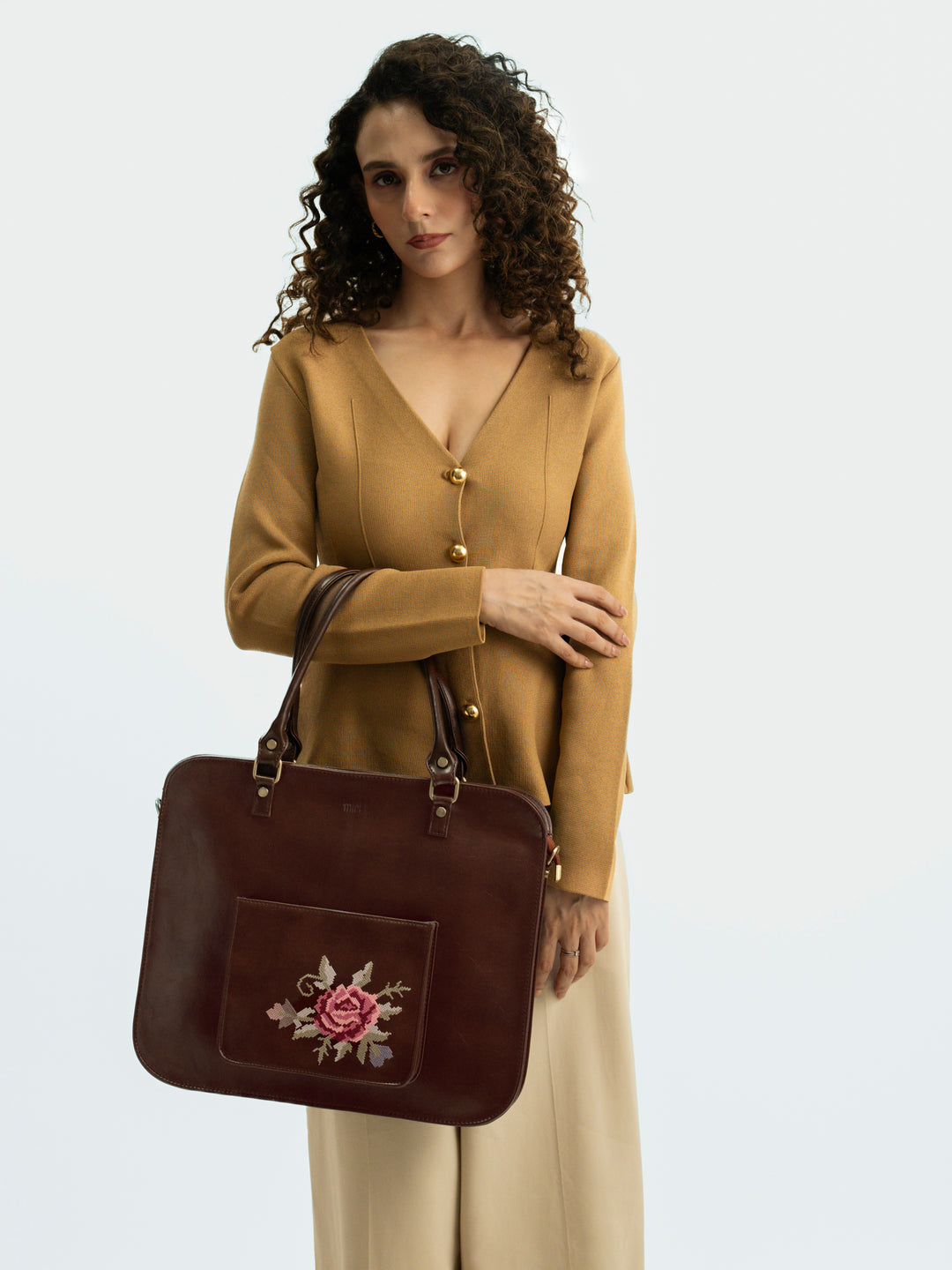 Mountain Bride Cross Stitched Laptop Bag - Brown