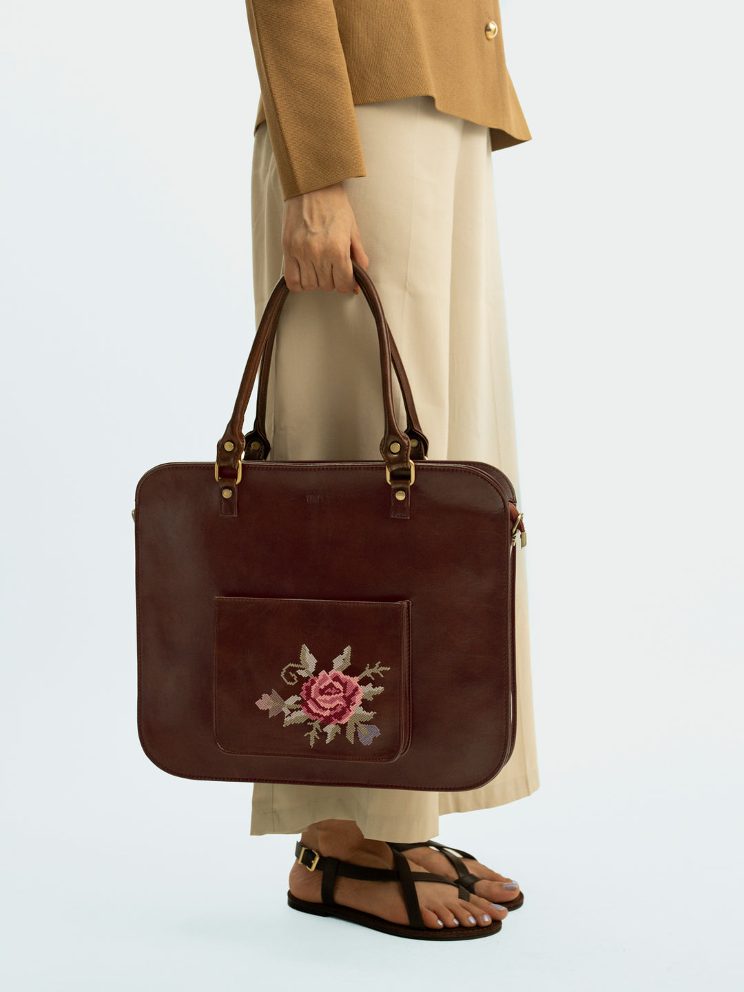 Mountain Bride Cross Stitched Laptop Bag - Brown