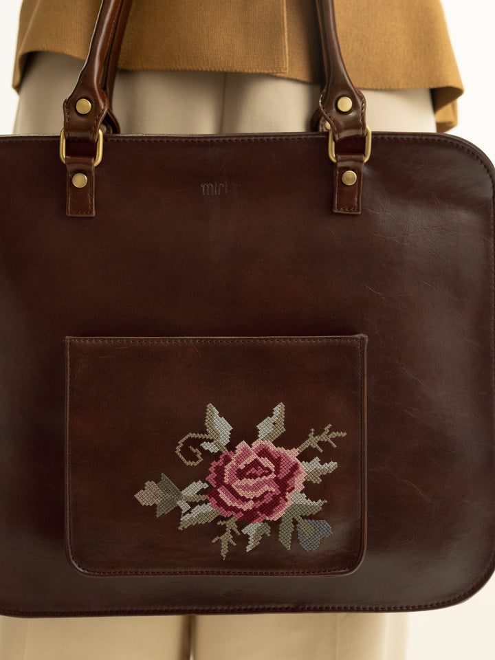 Mountain Bride Cross Stitched Laptop Bag - Brown