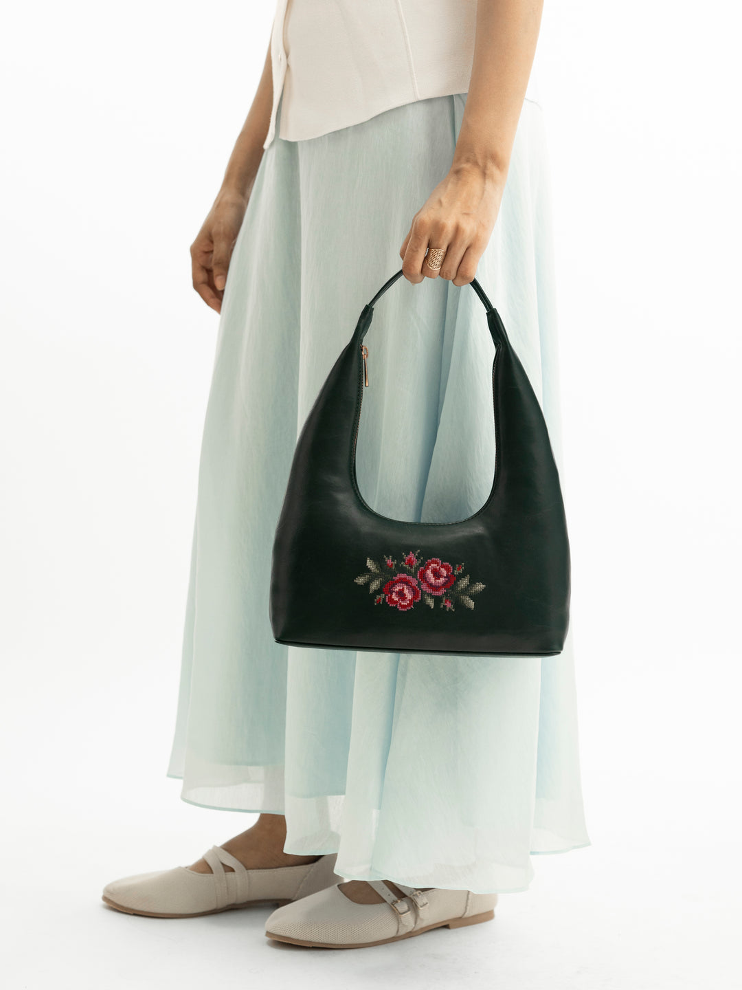 Coonoor Dream Cross Stitched Shoulder Bag  - Green