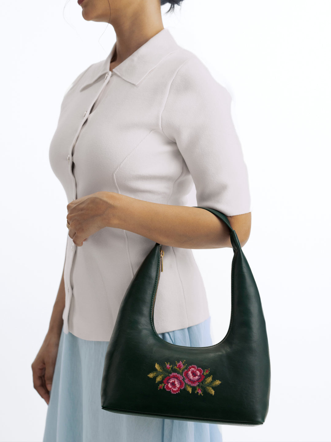 Coonoor Dream Cross Stitched Shoulder Bag  - Green