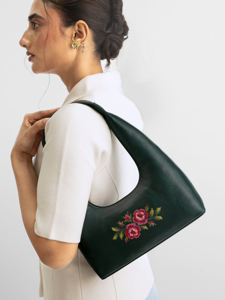 Coonoor Dream Cross Stitched Shoulder Bag  - Green