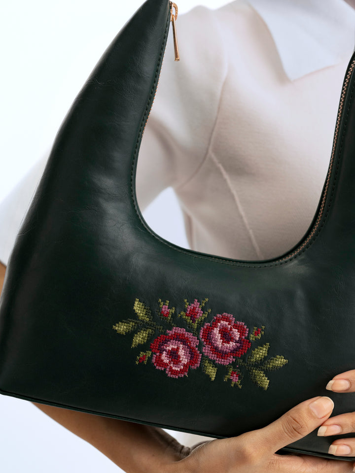 Coonoor Dream Cross Stitched Shoulder Bag  - Green