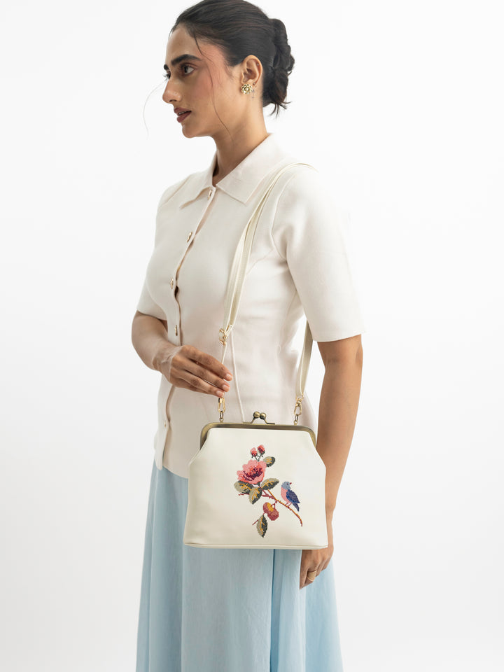 Morning Melody Cross Stitched Kisslock Clutch - White