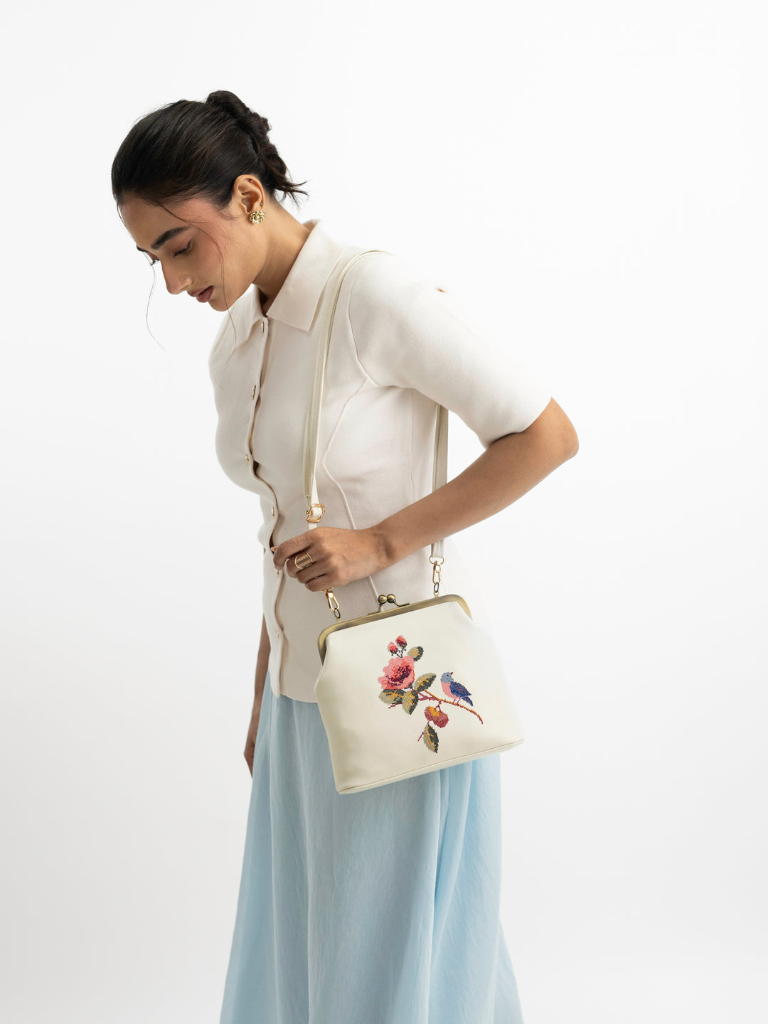 Morning Melody Cross Stitched Kisslock Clutch - White