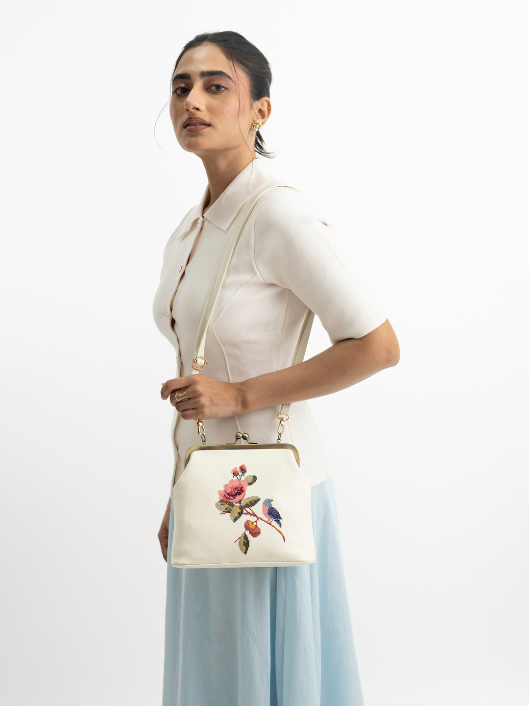 Morning Melody Cross Stitched Kisslock Clutch - White