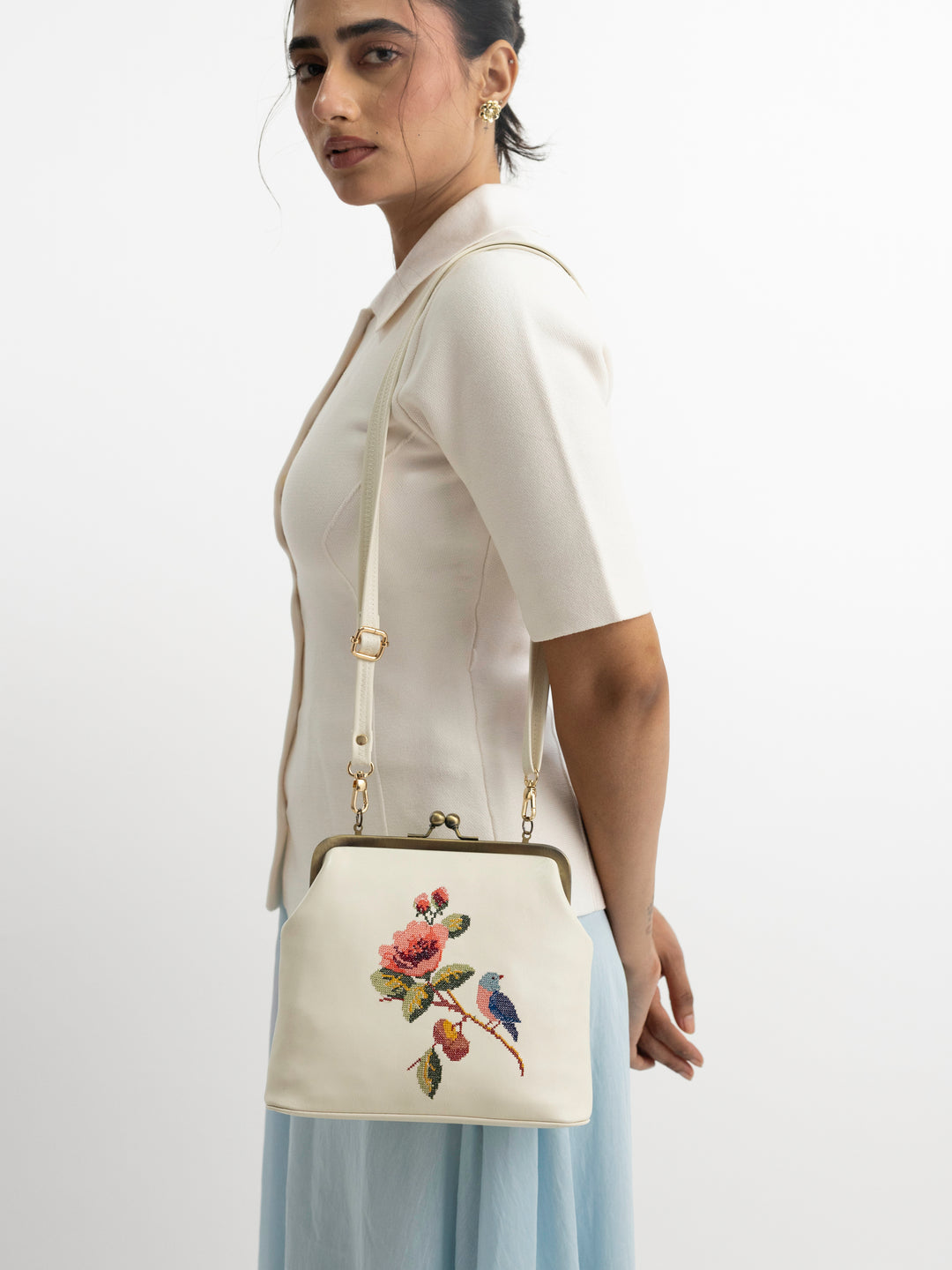 Morning Melody Cross Stitched Kisslock Clutch - White